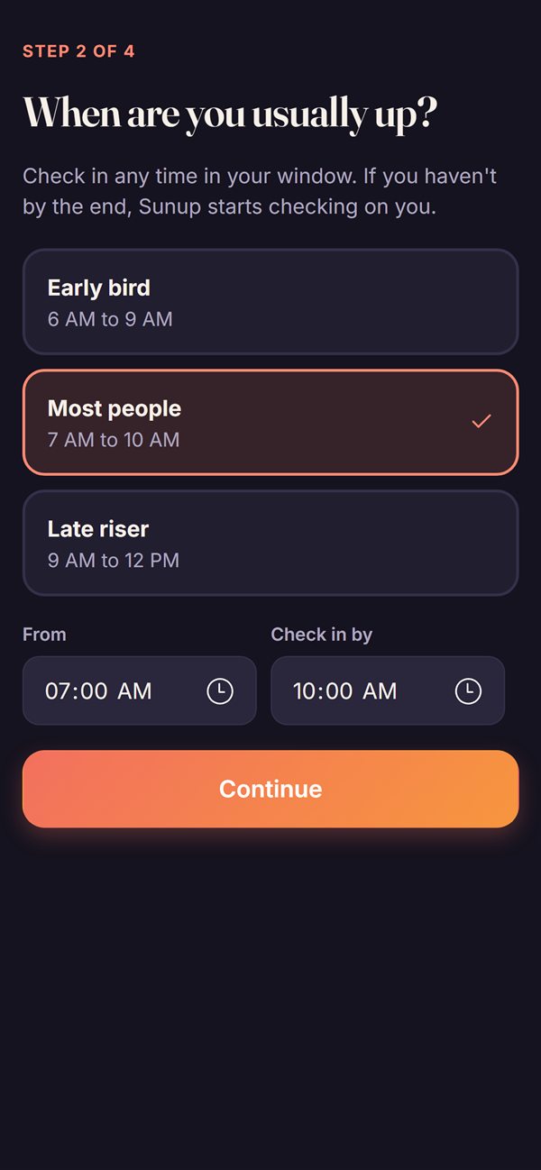 Choosing a morning check-in window in Sunup