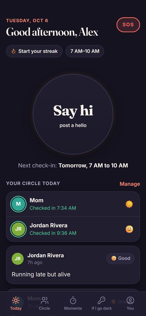 Sunup Today screen with the check-in button and circle members who checked in